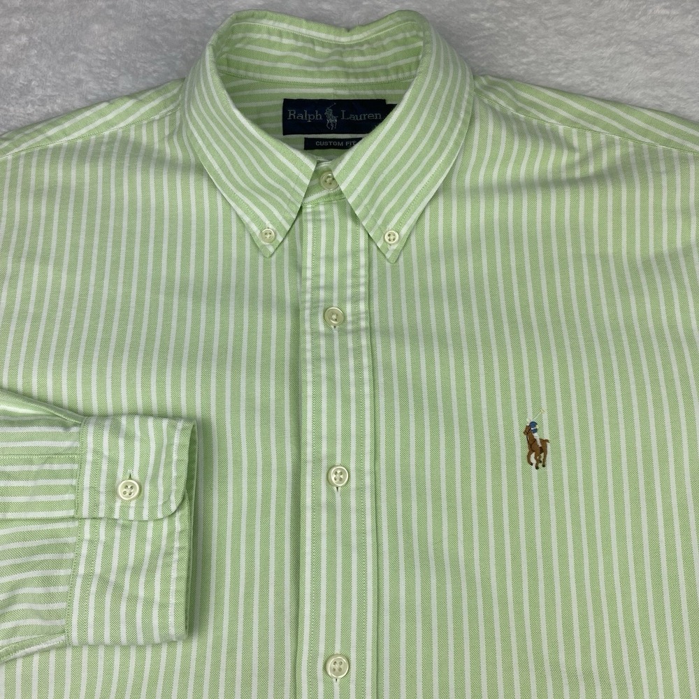 Ralph Lauren Shirt Mens Large Spring Green/White Stripes Custom Fit Long Sleeves